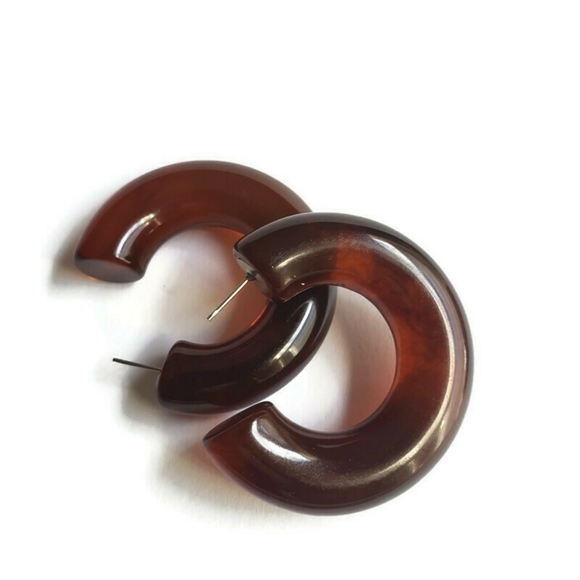 VINTAGE Large Hoop Lucite Earrings Brown Resin - Picture 8 of 8